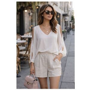 ZENANA Ivory Cold Shoulder Slit Sleeve V Neck Flowy Blouse Sz S Chic Feminine